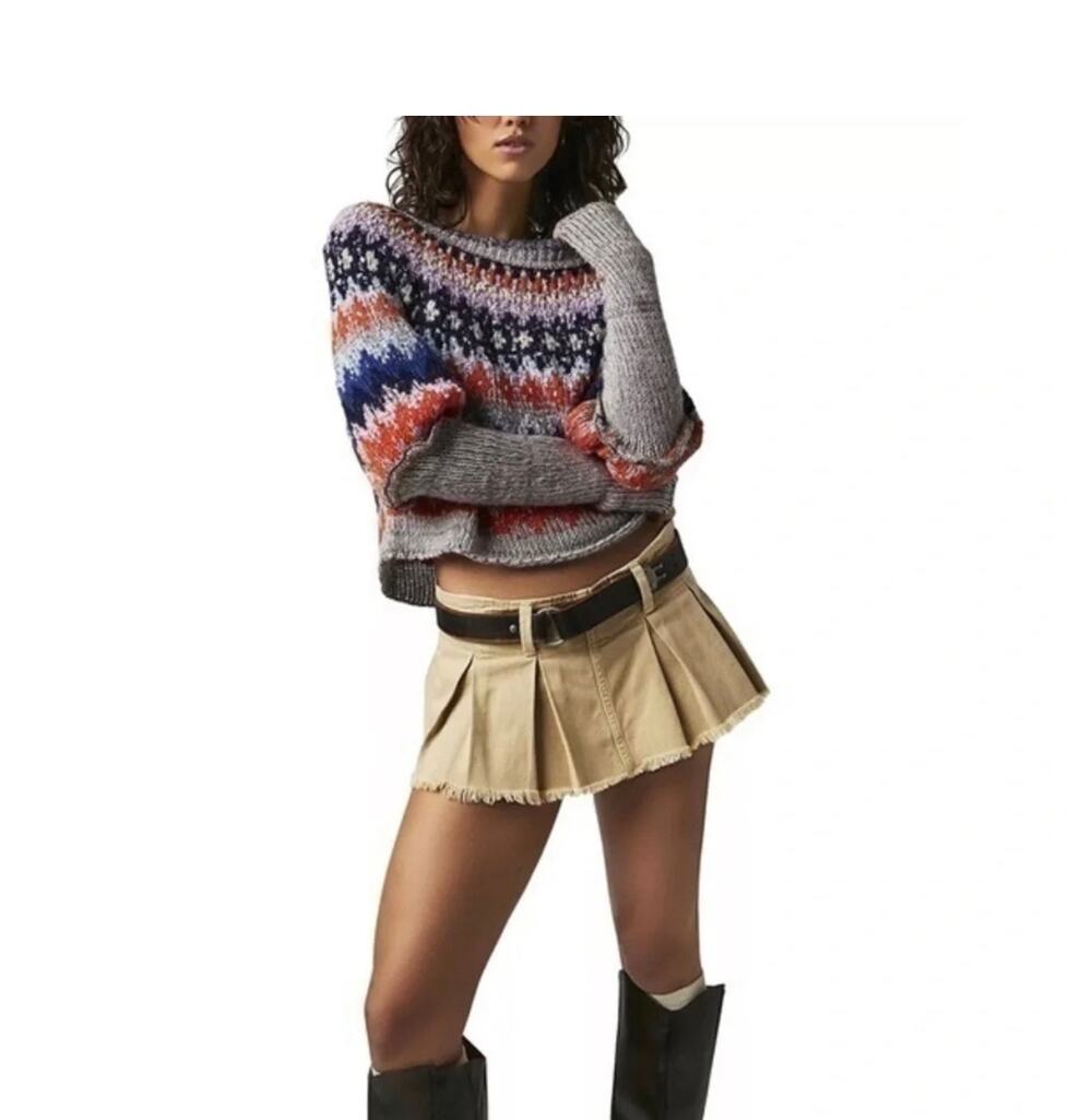 Free People Home For The Holidays Womens XS Gray Knit Crop Pullover Sweater